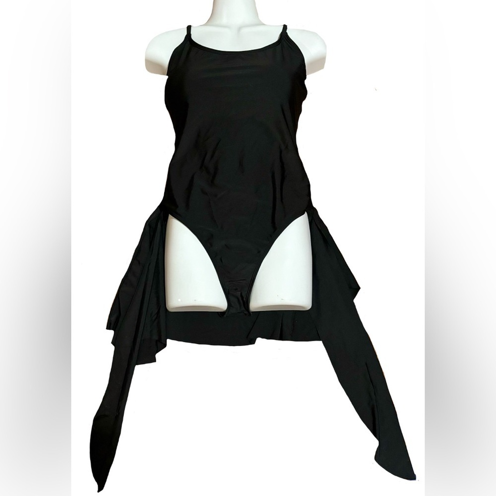 Women’s Black One Piece Swimsuit Size S | Ruffled Flowy Sides | Tummy Control